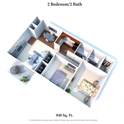 Floor plan for 2 beds, 2 baths, 940 sqft